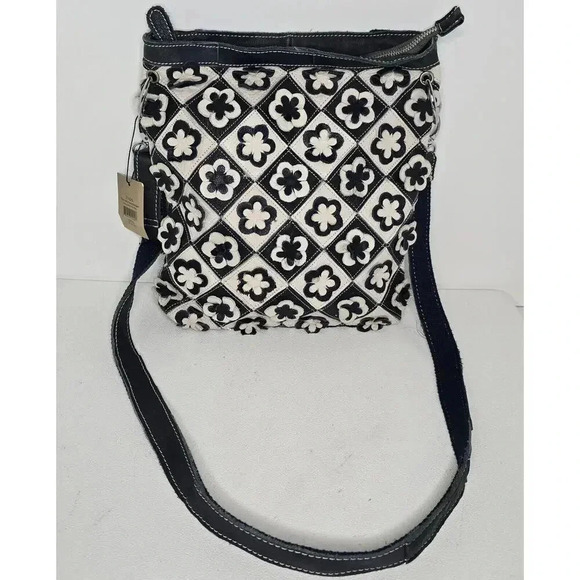 H2Z Leather 3D Floral Navy/Lt. Gray Crossbody Purse Boho Hippie Retro UPCYCLED - Picture 2 of 10